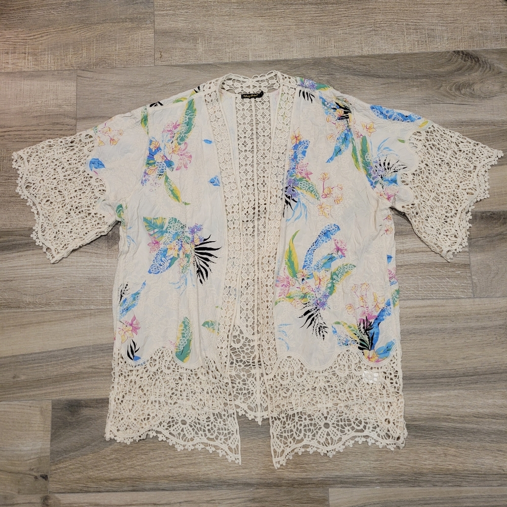 Spiaggia Dolce Embroidered Floral Crochet Kimono Open Front Cardigan Women's M